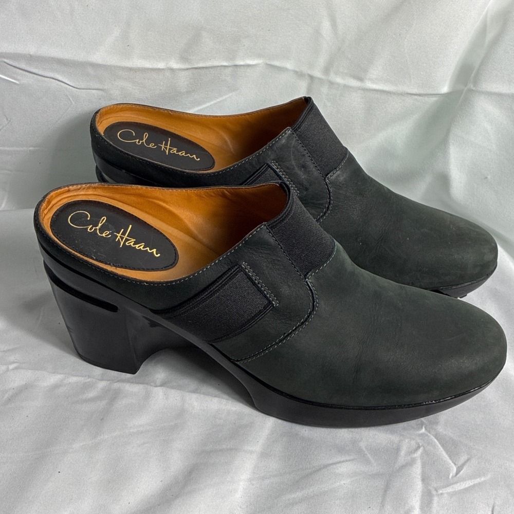 Cole Haan Black Nubuck‎ Leather Platform Mules Block Heel Women's 10